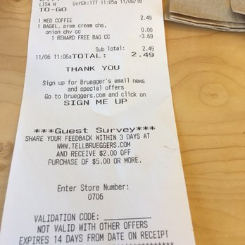 Bruegger's Bagels - My receipt for the breakfast I had on 11-6-2018. - Bagels Near Me - Temecula, California