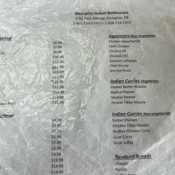 Memphis Indian Restaurant - Menu