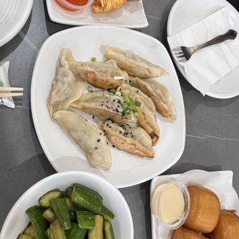 Min's Dumpling - fried shrimp potatoes, Pork potstickers, cucumber salad, fried mini bun - Chinese Near Me - San Clemente, California