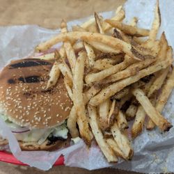 P.T.'s Olde Fashioned Grille - Grilled chicken sandwich and fries