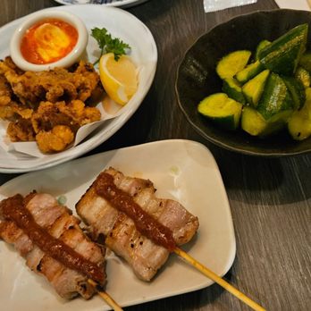 Yakitori Kokko - pork belly skewers, fried baby octopus, cucumber - Japanese Near Me - San Mateo, California