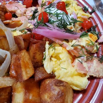 Tower Cafe - Scottish Scramble. Large chunks of smoked salmon and a large portion of goat cheese. I recommend it if you like either of those flavors. - Breakfast & Brunch Near Me - Sacramento, California Tower Cafe - Scottish Scramble. Large chunks of smoked salmon and a large portion of goat cheese. I recommend it if you like either of those flavors. - Breakfast & Brunch Near Me - Sacramento, California