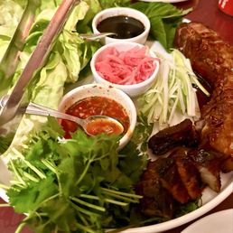 Amazing caramelized pork belly to wrap in Bibb lettuce, marinated onions, basil and cilantro. Great dipping sauce selection.