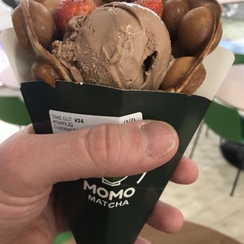 Momo Matcha - Chocolate Bubble Waffle With Chocolate Ice Cream and Chocolate Chips with Strawberries - Cafes Near Me - Norwalk, Connecticut