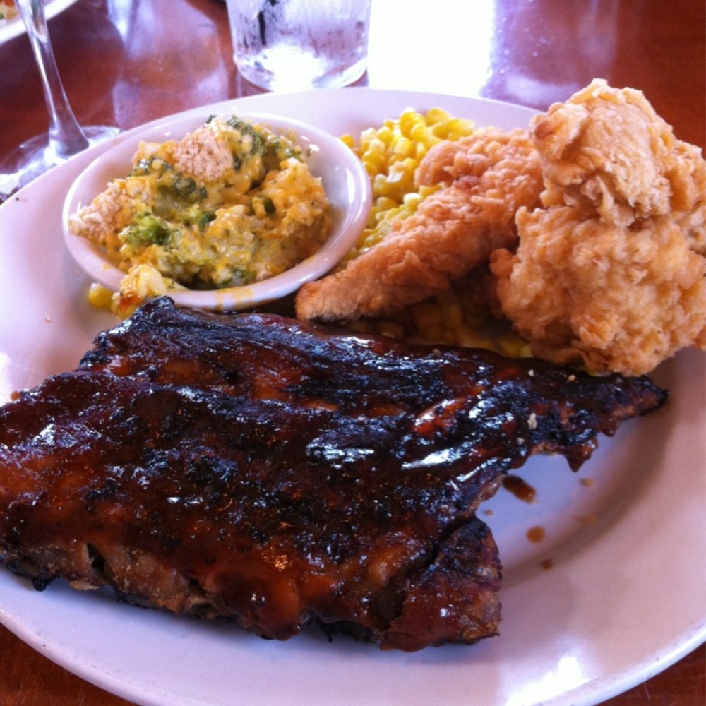 Cheddar's Scratch Kitchen - Chicken & ribs combo with corn and broccoli-rice casserole - American Near Me - Dallas, Texas