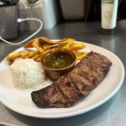 Qiubo - Delight of Churrasco pinolero, You can order it as you like, Tostones, French fries or some delicious green banana rajaras