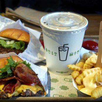 Shake Shack Dumbo - Hamburger with everything; Shack Burger with bacon; Cheese Fries; Cookies & Cream Shake - Burgers Near Me - Brooklyn, New York Shake Shack Dumbo - Hamburger with everything; Shack Burger with bacon; Cheese Fries; Cookies & Cream Shake - Burgers Near Me - Brooklyn, New York