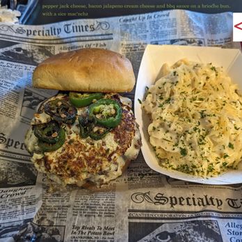 The FourNine - Burger, with Jalapeño and a cream sauce...a side of Mac'n'cheese - American Near Me - Mount Zion, Illinois