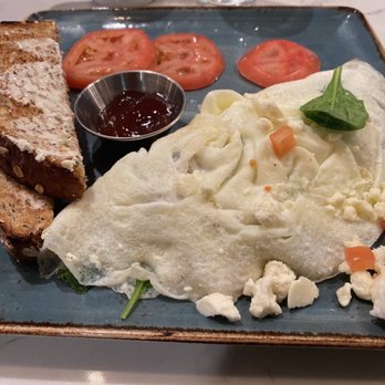 First Watch - Egg white omelette with turkey, spinach, feta cheese, and peppers, whole grain toast, and tomato slices - Breakfast & Brunch Near Me - Woodbridge, Virginia