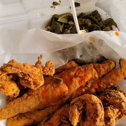 Jamil’s Cafe - Whiting and shrimp platter with side of greens n mac n cheese.