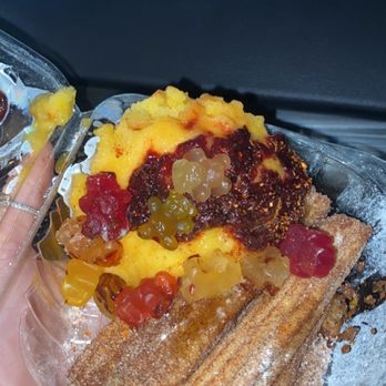 Cravings Ice Cream - Churro bites with mango sorbet, chamoy, tajin, and gummy bears - Ice Cream & Frozen Yogurt Near Me - Bellflower, California Cravings Ice Cream - Churro bites with mango sorbet, chamoy, tajin, and gummy bears - Ice Cream & Frozen Yogurt Near Me - Bellflower, California