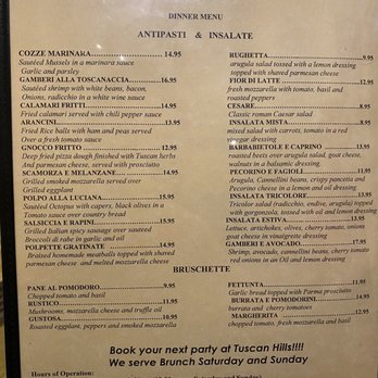 Tuscan Hills - Dinner menu - Italian Near Me - Forest Hills, New York Tuscan Hills - Dinner menu - Italian Near Me - Forest Hills, New York