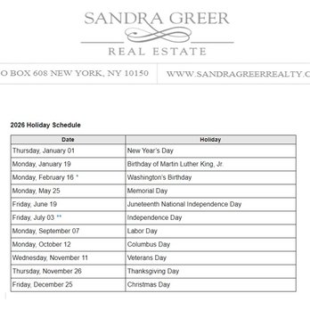 Sandra Greer Real Estate - Closed on all federal holidays. - Real Estate Services Near Me - New York, New York Sandra Greer Real Estate - Closed on all federal holidays. - Real Estate Services Near Me - New York, New York