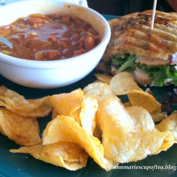 Jules' Bistro - Beef and mushroom chili and turkey pesto sandwich (half of it) - New American Near Me - St. Cloud, Minnesota Jules' Bistro - Beef and mushroom chili and turkey pesto sandwich (half of it) - New American Near Me - St. Cloud, Minnesota