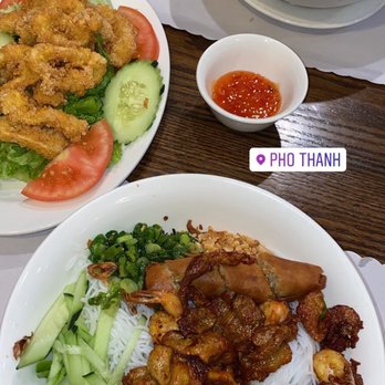 Pho Thanh - Calamari, vermicelli noodles with shrimp & bbq pork, pho w/ rare steak - Vietnamese Near Me - Westminster, California