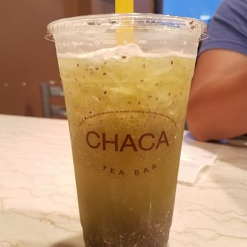 Chaca Tea Bar - Large Honeydew Green Tea (half-sweet) with Chia Seeds - Coffee & Tea Near Me - Redlands, California Chaca Tea Bar - Large Honeydew Green Tea (half-sweet) with Chia Seeds - Coffee & Tea Near Me - Redlands, California