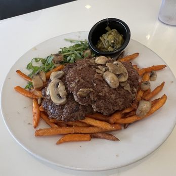 Upscale Rio - a steak and sweet potatoes on a white plate - Burgers Near Me - Rio Rancho, New Mexico