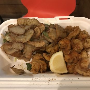 Saltbox Seafood Joint - Shrimp plate with potatoes and honey puppies - Seafood Near Me - Durham, North Carolina Saltbox Seafood Joint - Shrimp plate with potatoes and honey puppies - Seafood Near Me - Durham, North Carolina