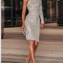 Alterations By Tajon - 1-Shoulder,  single long sleeve, diagonal drape cocktail dress. Fabric of sequins fully lined.