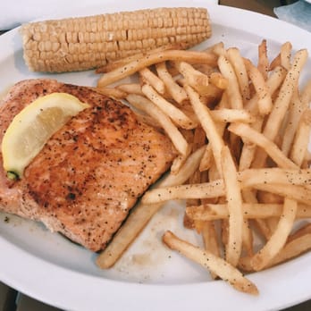 The Claw House - Grilled Salmon with a side of thin fries and corn - Seafood Near Me - Murrells Inlet, South Carolina The Claw House - Grilled Salmon with a side of thin fries and corn - Seafood Near Me - Murrells Inlet, South Carolina