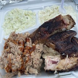 Barnyard Bbq - Triple meat bbq plate with potato salad and cole slaw.