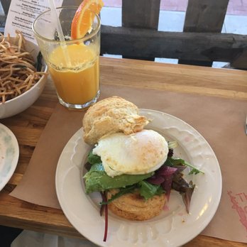 The Corner - Breakfast sandwich ( but bacon is replaced with avocado since I'm vegetarian!) and fresh OJ (rosemary fries in the corner of the photo) - Cafes Near Me - Montclair, New Jersey