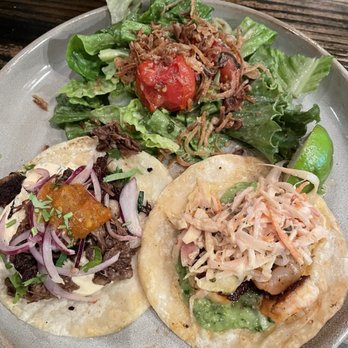 Tazza Kitchen Village District - Short Rib and Shrimp tacos (one of each) with a side salad - Pizza Near Me - Raleigh, North Carolina Tazza Kitchen Village District - Short Rib and Shrimp tacos (one of each) with a side salad - Pizza Near Me - Raleigh, North Carolina
