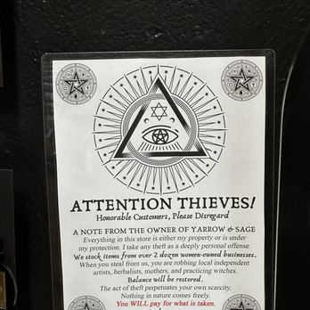 Yarrow & Sage - North - The best anti thief sign I've ever seen - Herbal Shops Near Me - Austin, Texas Yarrow & Sage - North - The best anti thief sign I've ever seen - Herbal Shops Near Me - Austin, Texas