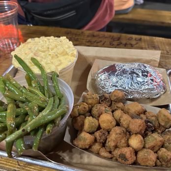 Hutchins BBQ - Green beans, okra, Mac and cheese, baked potato - Barbeque Near Me - Frisco, Texas Hutchins BBQ - Green beans, okra, Mac and cheese, baked potato - Barbeque Near Me - Frisco, Texas