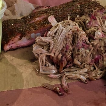 Franklin Barbecue - Pork Ribs, Pulled Pork, and a Beef Sausage link with potato salad! - Barbeque Near Me - Austin, Texas
