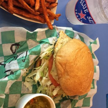 Blue Sky Texas - Grilled chicken sandwich on wheat bun with pepper jack cheese and green chilis added. A side of sweet potato fries. Two thumbs up! - American Near Me - Lubbock, Texas