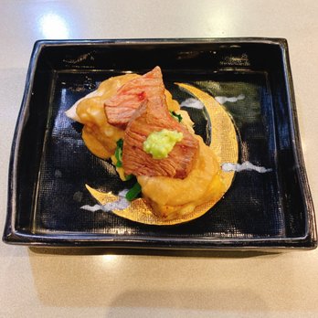 Nanzan GiroGiro - Main:beef, monchong, kabocha tofu, foie gras sauce, wasabi, water cress, yuba - Japanese Near Me - Honolulu, Hawaii Nanzan GiroGiro - Main:beef, monchong, kabocha tofu, foie gras sauce, wasabi, water cress, yuba - Japanese Near Me - Honolulu, Hawaii
