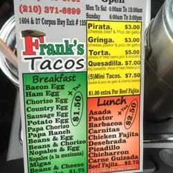 Frank's Tacos - Menu! Awesome tacos! Great hot sauce!