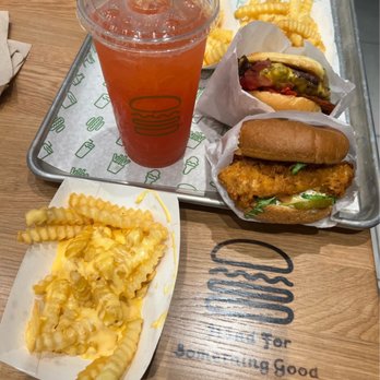 Shake Shack - Spectrum - Chicken avocado bacon burger along w cheese fries & strawberry lemonade 5.23.23 - Burgers Near Me - Irvine, California Shake Shack - Spectrum - Chicken avocado bacon burger along w cheese fries & strawberry lemonade 5.23.23 - Burgers Near Me - Irvine, California
