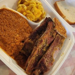 Ribs, hash w/rice and Mac and cheese!