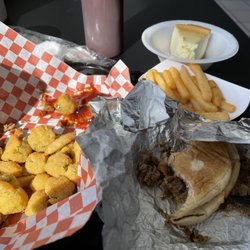 Barbecue Bears - fried okra, cheesecake, french fries, pulled pork sandwich