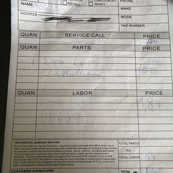 Asaf's Locksmith - Note the receipt indicates 189 for total labor.  Not 189 plus 150. - Keys & Locksmiths Near Me