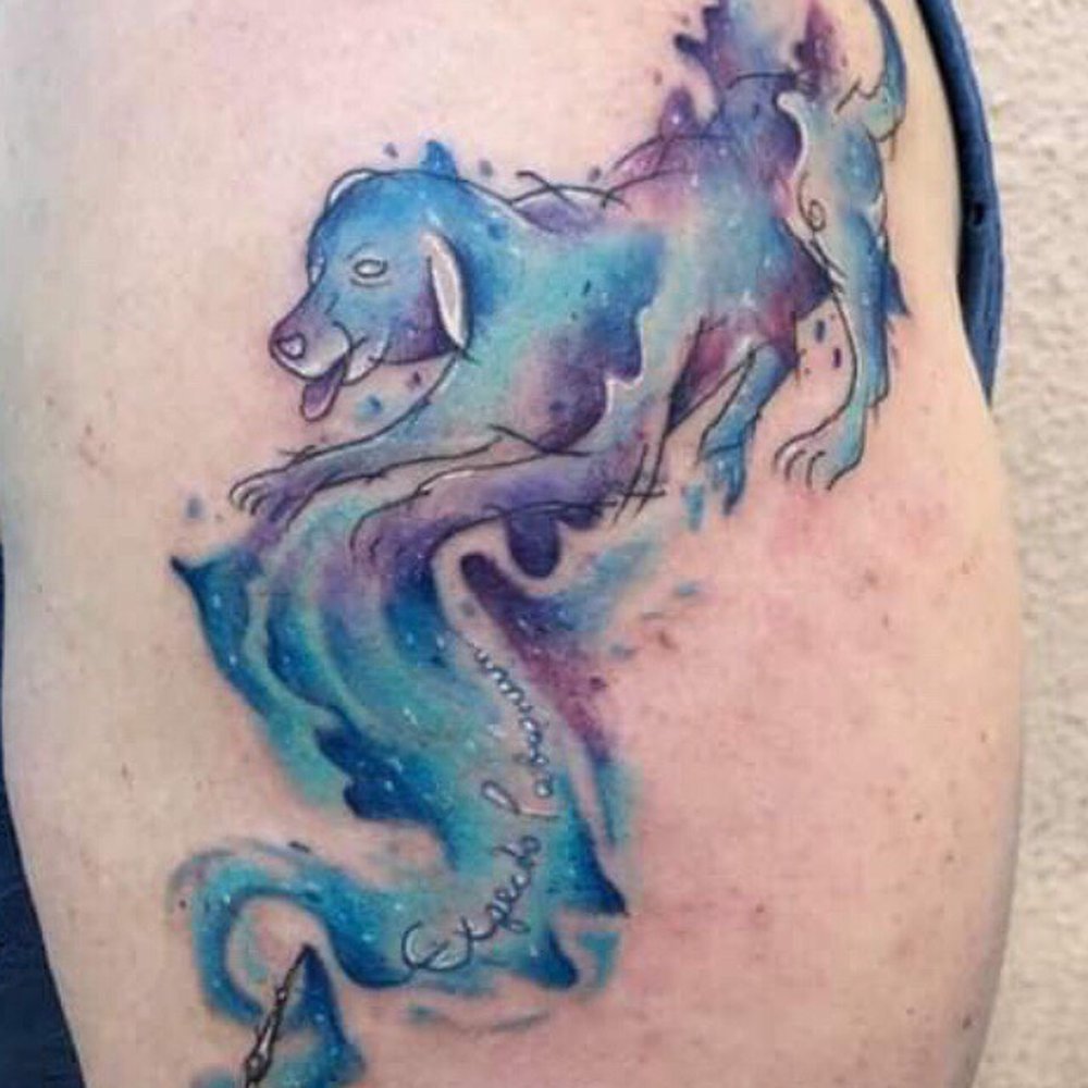 Harry Potter magical dog patronus tattoo in watercolor style, done by Ivan Harry Potter magical dog patronus tattoo in watercolor style, done by Ivan