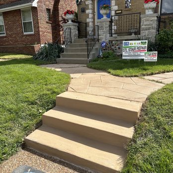 STL Stair Repair - After photo with repaired stair, repaired cracked areas on walkway, and resurfacing (if that's the right word) - Masonry/Concrete Near Me
