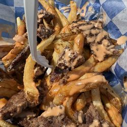 House fries with a burger patty and house sauce.