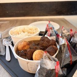 Maymay’s Cravings - Pork adobo  Salmon,  unagi and crab onigiri
