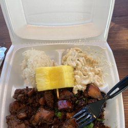 Hawaiian Bros Island Grill - 50/50 plate with sides veggies and pineapple