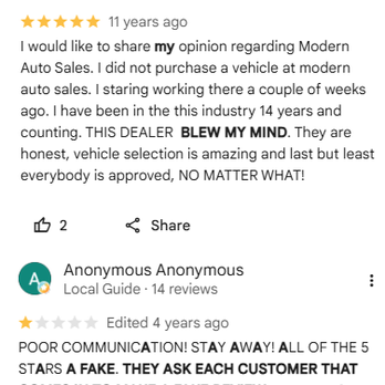 Modern Auto Sales - Google Review from a self-proclaimed employee and another reviewer stating they solicit fake reviews. - Used Car Dealers Near Me - Hollywood, Florida Modern Auto Sales - Google Review from a self-proclaimed employee and another reviewer stating they solicit fake reviews. - Used Car Dealers Near Me - Hollywood, Florida