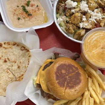 Loop Gyros - Gyro burger, Greek salad with chicken, hummus and pita, mango smoothie - Sandwiches Near Me - Kissimmee, Florida