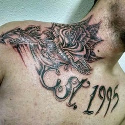 Choice Tattoos & Body Piercing - Clients first tat, tough youngster. cost 300.00 NO ONE CAN BEAT MY PRICES. TRUE ART CAN NEVER BE REPRODUCED. NO STENCILS HERE.