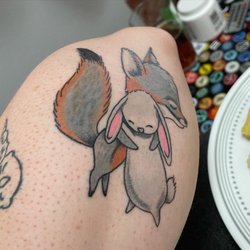 Tattoo Garden - Grey fox and bunny hopper in honor of my dad's 70th
