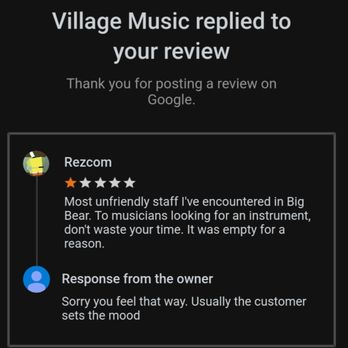 Village Music - Petty review reply before they deleted it. Just goes to show the type of person the owner is. - Vinyl Records Near Me - Big Bear Lake, California Village Music - Petty review reply before they deleted it. Just goes to show the type of person the owner is. - Vinyl Records Near Me - Big Bear Lake, California