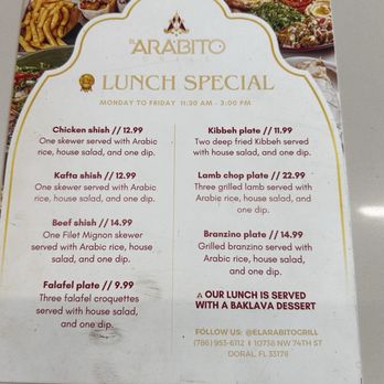 El Arabito Grill - Lunch menu - Lebanese Near Me - Doral, Florida