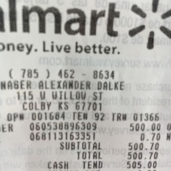 Walmart Supercenter - Receipt - Department Stores Near Me - Colby, Kansas Walmart Supercenter - Receipt - Department Stores Near Me - Colby, Kansas