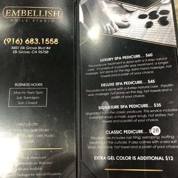 Embellish Nails Studio - Pedicure options  Add $12 for gel - Nail Salons Near Me - Elk Grove, California